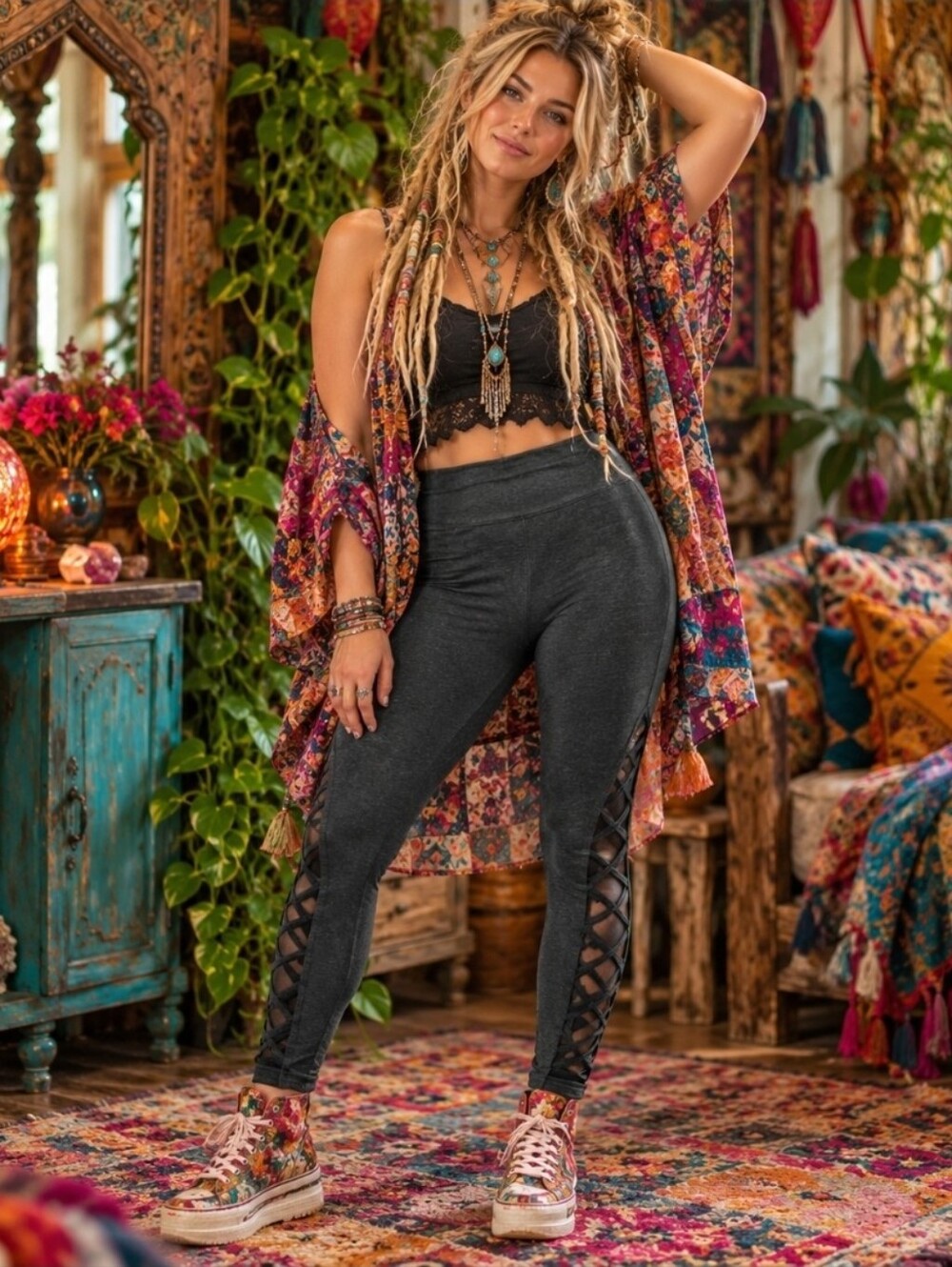 4/$15 Betsey Johnson Performance Lace-Up Leggings L • Edgy Boho Athleisure Gym
